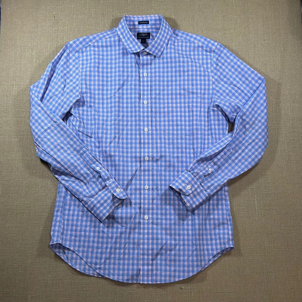 J.Crew Thompson Flex Wrinkle Free Plaid Dress Shirt Blue Pink Mens L H1105